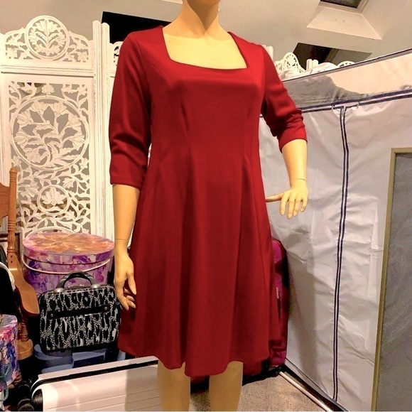 IGIGI Designers A-Line Dress Size 18/20 Red 3/4 Sleeve Pockets Square Neck NWOT - Picture 6 of 11